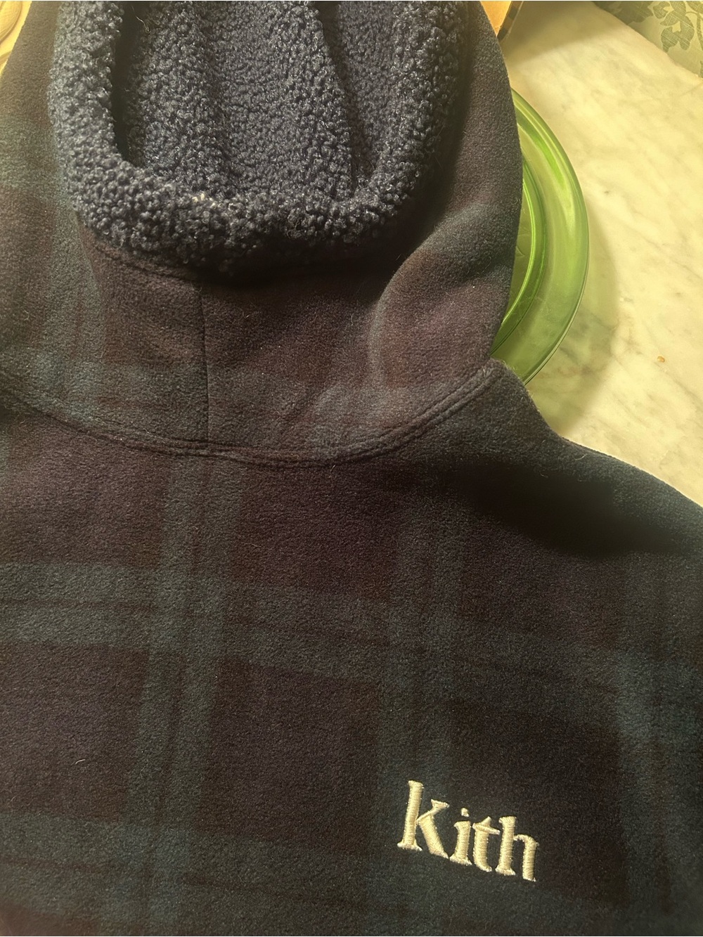Kith  Navy Black and Green Plaid Sherpa-Lined Hoodie